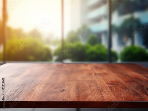 Empty wooden table and Coffee shop blur background with bokeh image. For product display