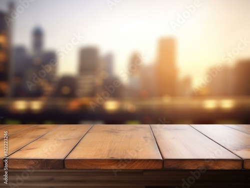 Wood table top on blur city background can be used for display or montage your products