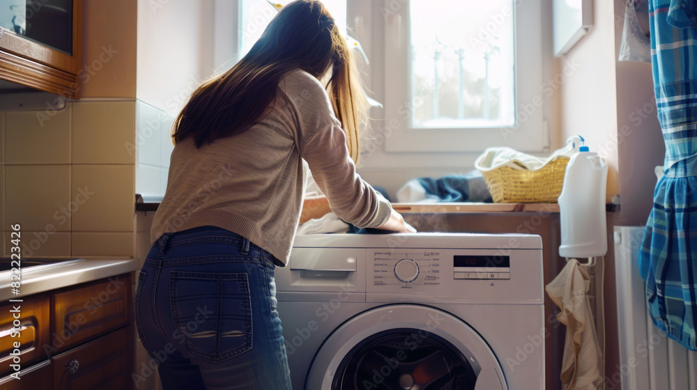 A woman is standing in front of a white washing machine A woman is standing in front of a white washing machine