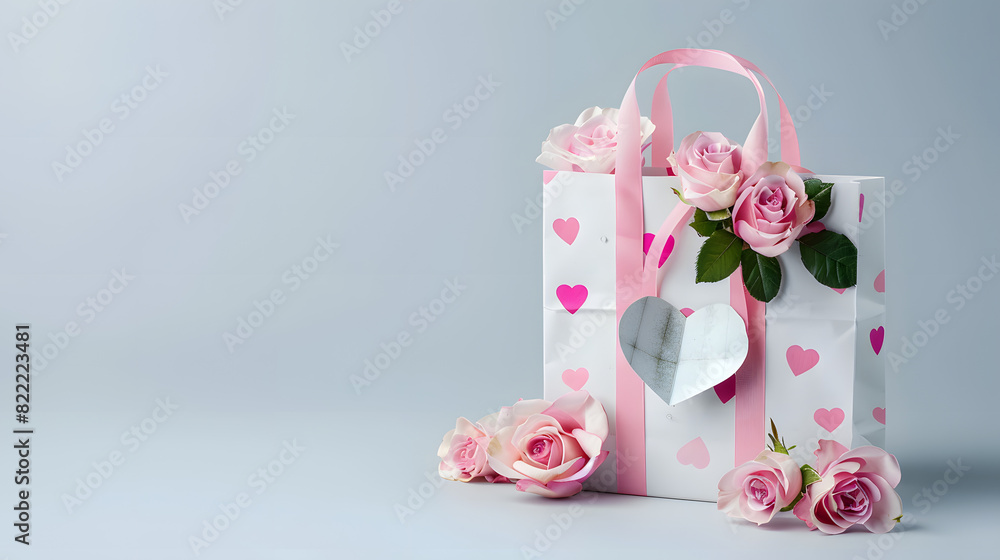 Gift bag with pink roses and bow, perfect for romantic occasions, Valentines Day, birthdays, or any special celebration visuals. Gift bag with pink roses and bow, perfect for romantic occasions, Valentines Day, birthdays, or any special celebration visuals.