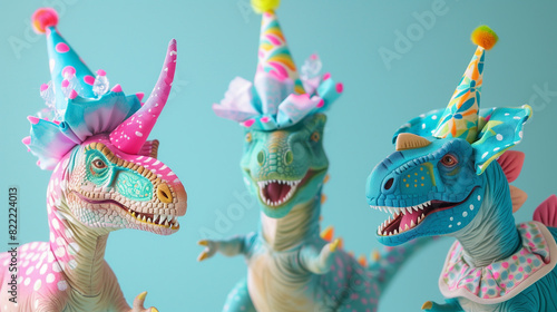 Toy dinosaurs wearing party hats and colorful accessories on a blue background