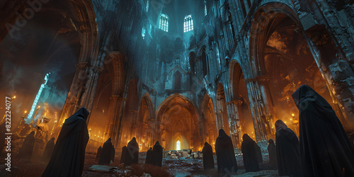 monks in black robes in a mystical gothic cathedral, weathered ruin of a illuminated medieval church at night photo
