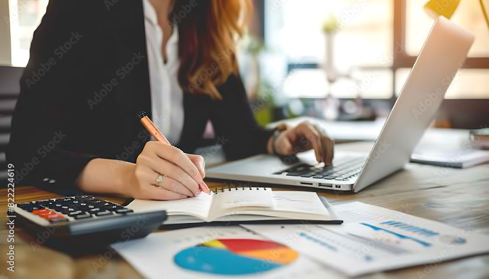 Businesswoman calculating financial reports with a calculator, writing in a notebook, and using a laptop, emphasizing financial management Businesswoman calculating financial reports with a calculator, writing in a notebook, and using a laptop, emphasizing financial management