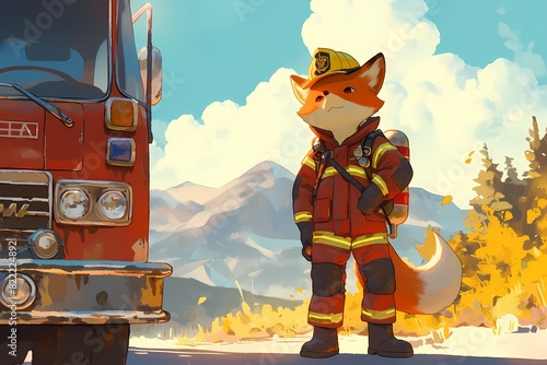 cartoon illustration, a firefighter fox