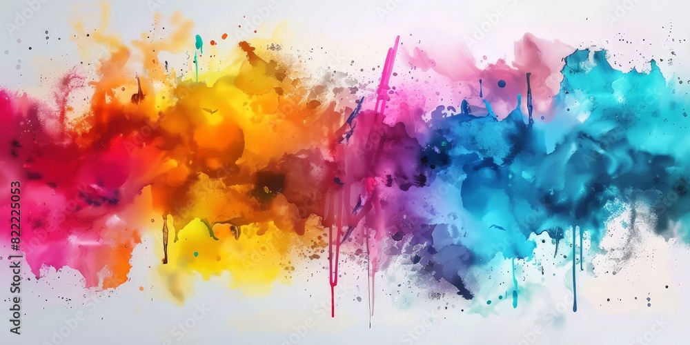 Fototapeta premium Colorful watercolor splash paint background, colorful splashes and paint drips on a white background, watercolor stain with paint splatter, banner,abstract color ink explosion