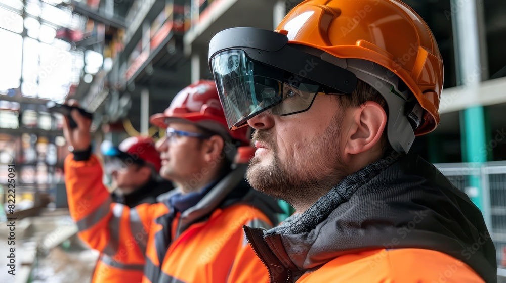 A team of engineers using augmented reality for visualizing a construction project, A team of engineers using augmented reality for visualizing a construction project,