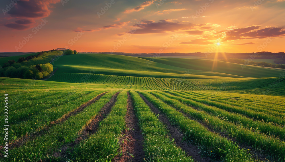 An idyllic rural landscape with green fields and terraced hills in the background An idyllic rural landscape with green fields and terraced hills in the background