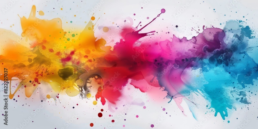 Fototapeta premium Colorful watercolor splash paint background, colorful splashes and paint drips on a white background, watercolor stain with paint splatter, banner,abstract color ink explosion