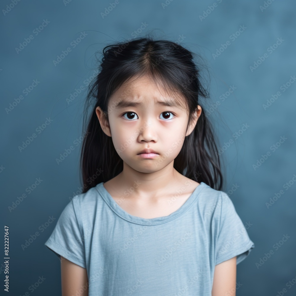 Indigo background sad Asian child Portrait of young beautiful in a bad mood child Isolated on Background, depression anxiety fear burn out health 
