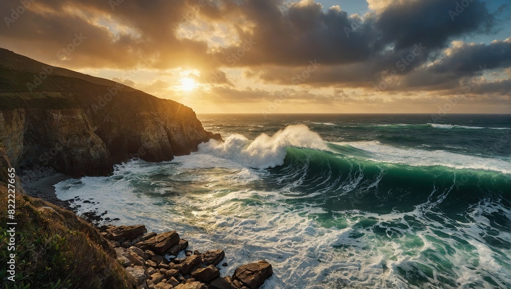 The image depicts a rough ocean with large waves crashing against a rocky cliff. The sky is yellow and the sun is setting.

