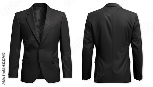 A black suit jacket with a lapel collar and two buttons on the front