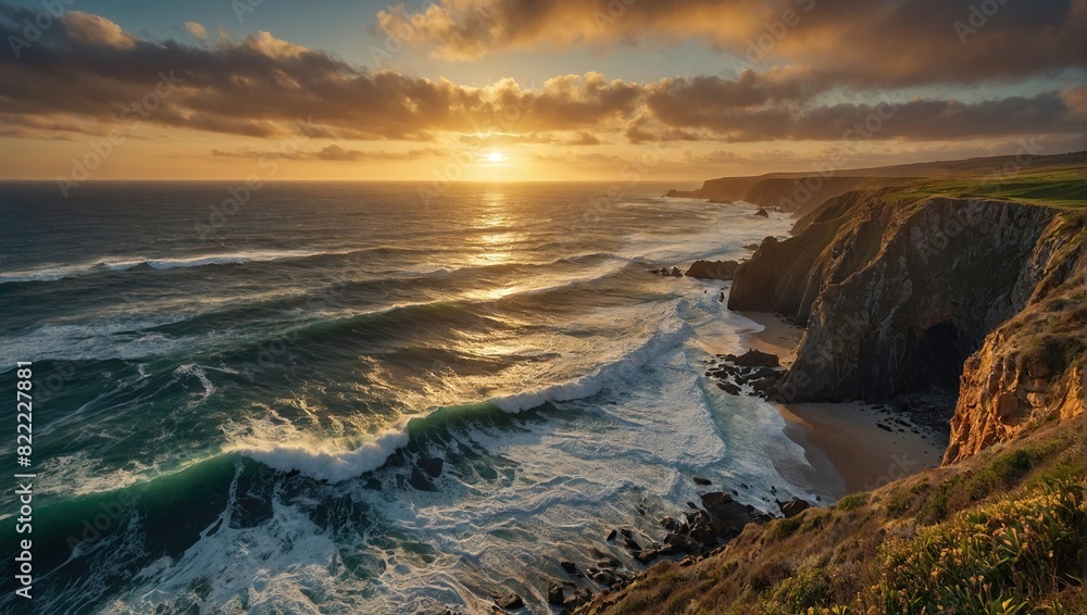 The image depicts a rough ocean with large waves crashing against a rocky cliff. The sky is yellow and the sun is setting.

