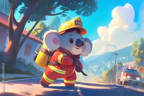 cartoon illustration, a firefighter koala © Yoshimura