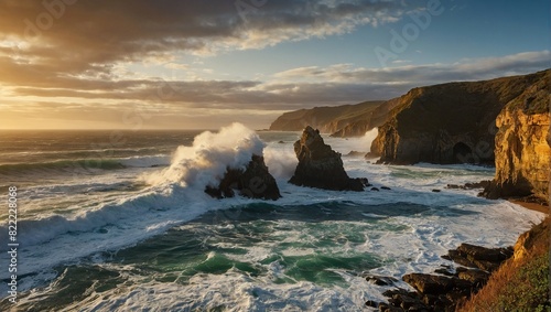 The image depicts a rough ocean with large waves crashing against a rocky cliff. The sky is yellow and the sun is setting.

 photo