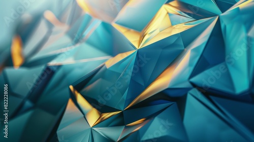 This image features a 3D illustration of an abstract blue and gold polygonal surface, suggesting concepts of luxury and modernity photo