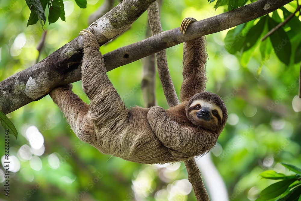 A cute sloth, looking at the camera, in the forest. Close-up portrait. A cute sloth, looking at the camera, in the forest. Close-up portrait.