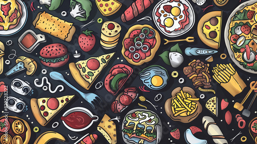 Colorful seamless pattern of various foods including pizza, burgers, and fries