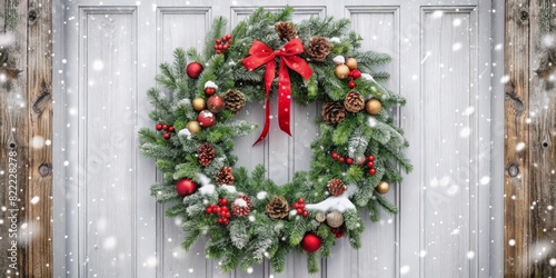 Christmas wreath with red ribbon on the background of a wooden door. AI generated