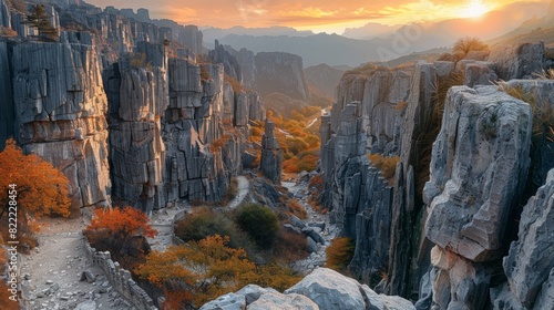 Stone Forest Gorge in Beijing, dramatic gorge landscape, natural stone formations, hiking trails  © mogamju