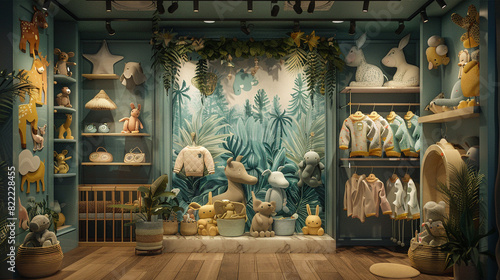 Cute baby clothes display, jungle animal theme, playful shop display.