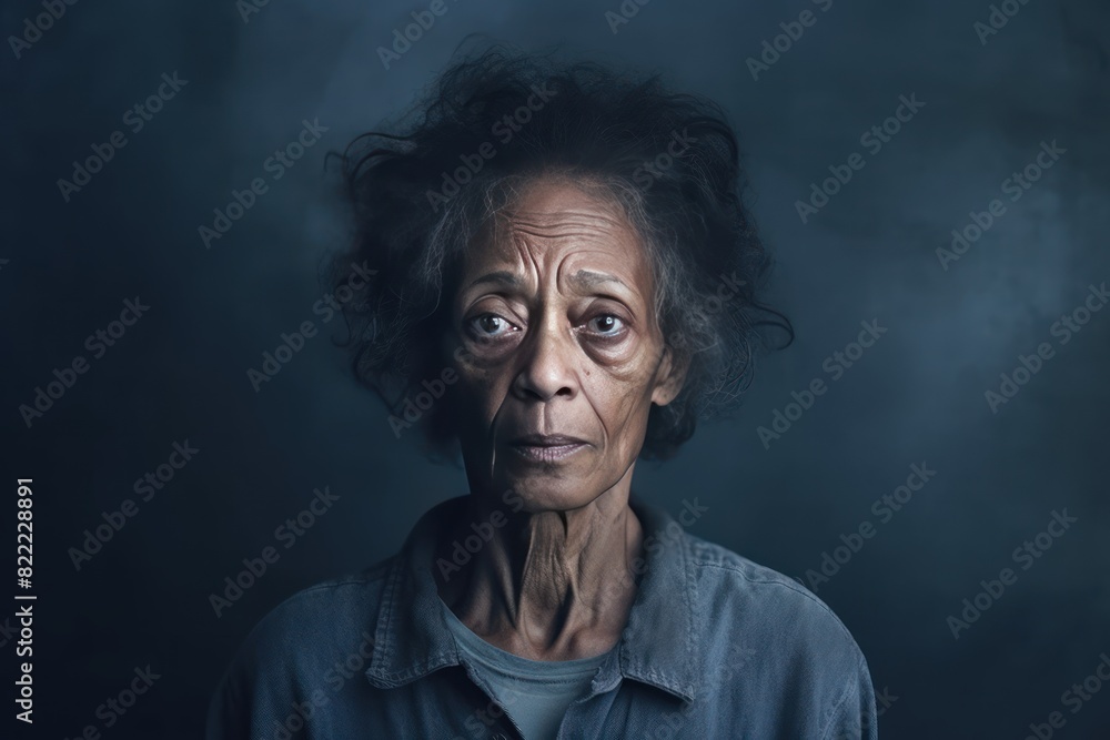 Indigo background sad black American independent powerful Woman. Portrait of older mid-aged person beautiful bad mood expression girl Isolated on Background