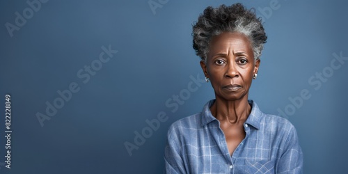 Indigo background sad black American independent powerful Woman. Portrait of older mid-aged person beautiful bad mood expression girl Isolated on Background photo