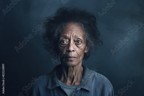 Indigo background sad black American independent powerful Woman. Portrait of older mid-aged person beautiful bad mood expression girl Isolated on Background photo