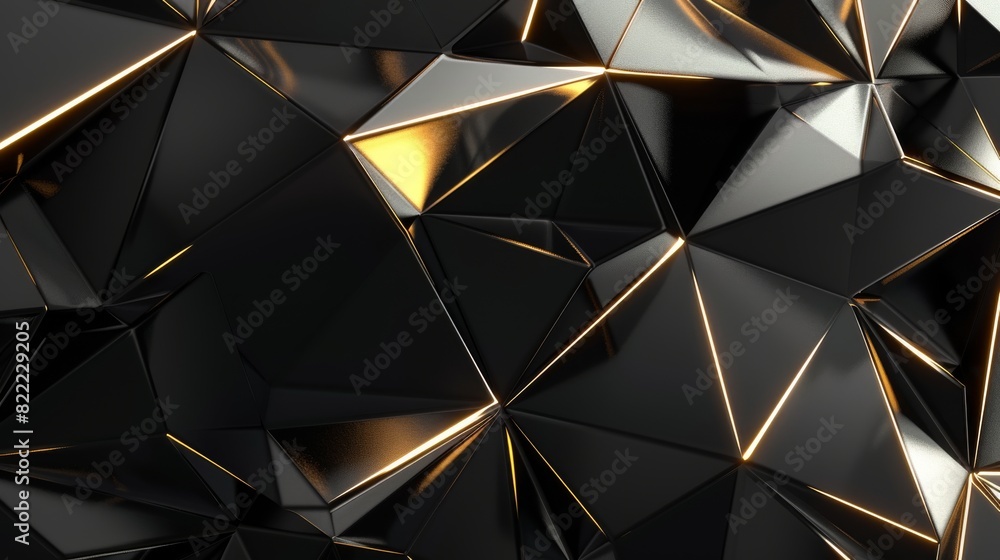 This image presents a modern abstract geometric 3D art with reflective black surfaces highlighted by sleek gold lines adding luxury feel This image presents a modern abstract geometric 3D art with reflective black surfaces highlighted by sleek gold lines adding luxury feel