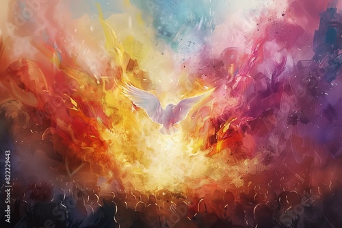 Vibrant Digital Watercolor Depicting a Dove Descending on a Multicolored Crowd