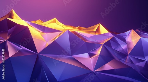 This image depicts a 3D digital art representation of a mountain range with vibrant purple and gold hues reflecting off the facets