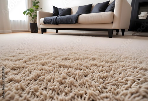 Beige shag carpet covering the floor of a living room, with a sofa visible in the background photo