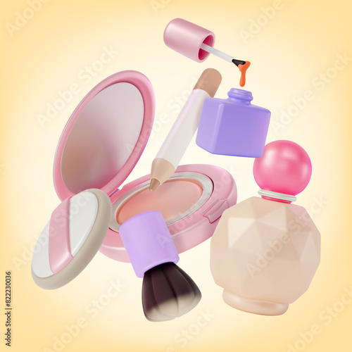 3d Makeup Cosmetic Product Concept Cartoon Design Style Perfume ,Nail Polish Bottle ,Eyeliner, Face Powder and Professional Brush. Vector illustration
