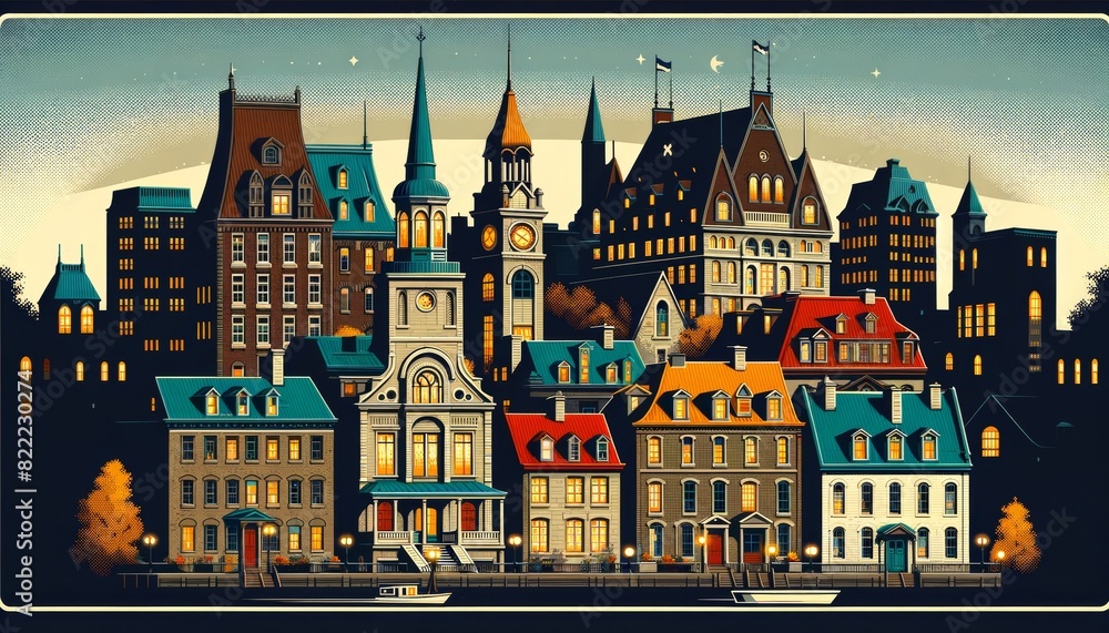 Montreal cityscape with traditional houses, roofs, churches, bell towers. Retro style vector poster
Montreal cityscape with traditional houses, roofs, churches, bell towers. Retro style vector poster