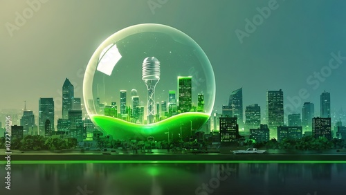 City environtment protection, city with light bulb in shining green color