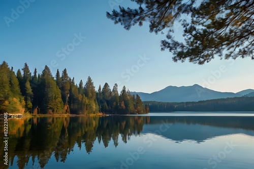 Beautiful view on the lake in autumn, morning view of pine forest, beautiful sky reflection, mountains background