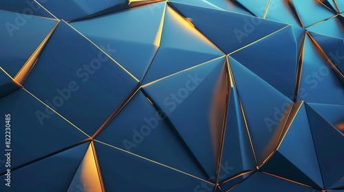 This image shows a 3D rendering of geometric shapes with a metallic blue texture and golden edges, creating a modern and sleek design