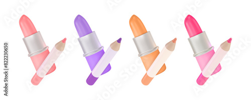 3d Different Color Lipstick and Lip Pencil Set Cartoon Design Style Isolated on a White Background. Vector illustration