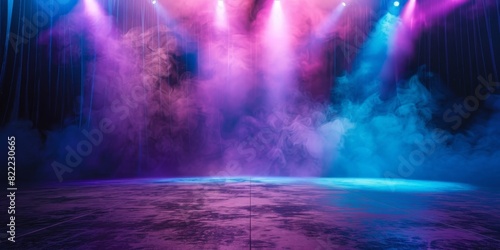  empty stage with purple  blue neon light rays  empty dark room with neon light  Dark stage backdrop with purple blue spotlight effect decoration     empty theatre empty room  for display products