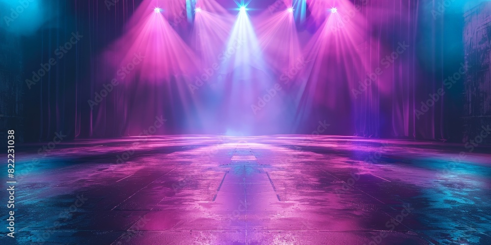  empty stage with purple  blue neon light rays, empty dark room with neon light, Dark stage backdrop with purple blue spotlight effect decoration ,   empty theatre,empty room  for display products