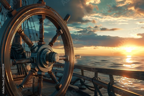a ship steering wheel on a boat photo