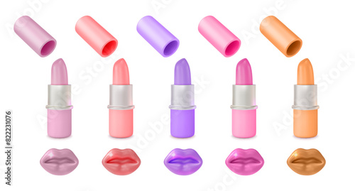 3d Different Color Lipstick Open Tube and Colored Lips Set Cartoon Design Style. Vector illustration of Makeup Cosmetic Product Concept
