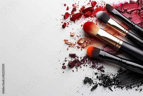 A set of professional makeup brushes and crushed pigments. photo