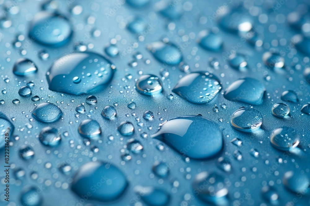 Condensation forms pure droplets on a blue, clean surface, a macro abstract of natural freshness. Condensation forms pure droplets on a blue, clean surface, a macro abstract of natural freshness.