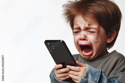 shocked child boy with open mouth crying and holding smartphone Isolated on white background