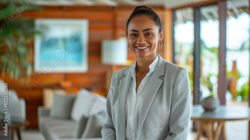 Professional Businesswoman in Modern Office Setting, Smiling, Confident, Business, Professional, Suit