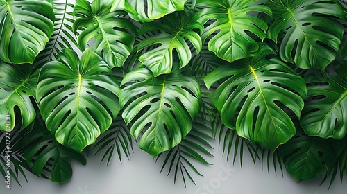 An overhead view of a monstera plant s large  glossy leaves with a pure white background  showcasing the plant s intricate patterns and vibrant greenery