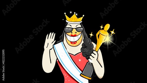 Elegant Animated Beauty Queen Receiving Award on Transparent Background