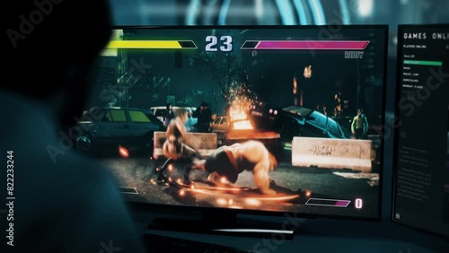 Player enjoying the newest melee battle computer video game. Player controlling the powerful hero in the match of an esports video game. Player losing the fight against the enemy on a video game. photo