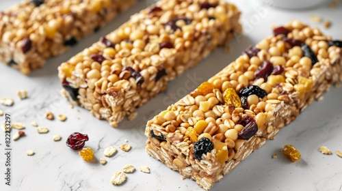 Delicious homemade granola bars topped with assorted nuts and dried fruits, displayed on a white textured surface with scattered ingredients.