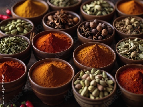 Array of spice cups creating a diverse and aromatic background on the table.